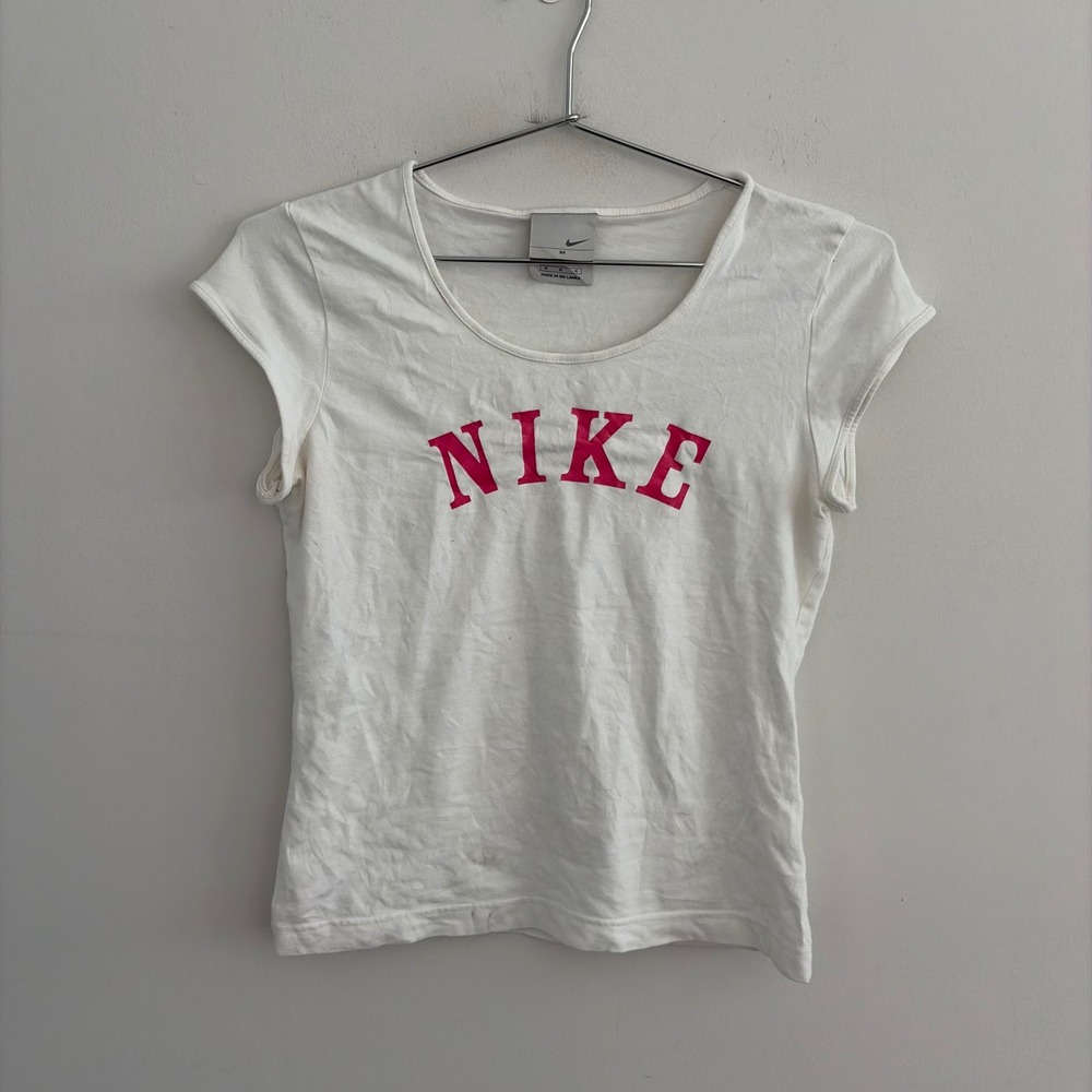 Nike Womens Spellout Logo Cap Sleeve T-Shirt White Pink Medium